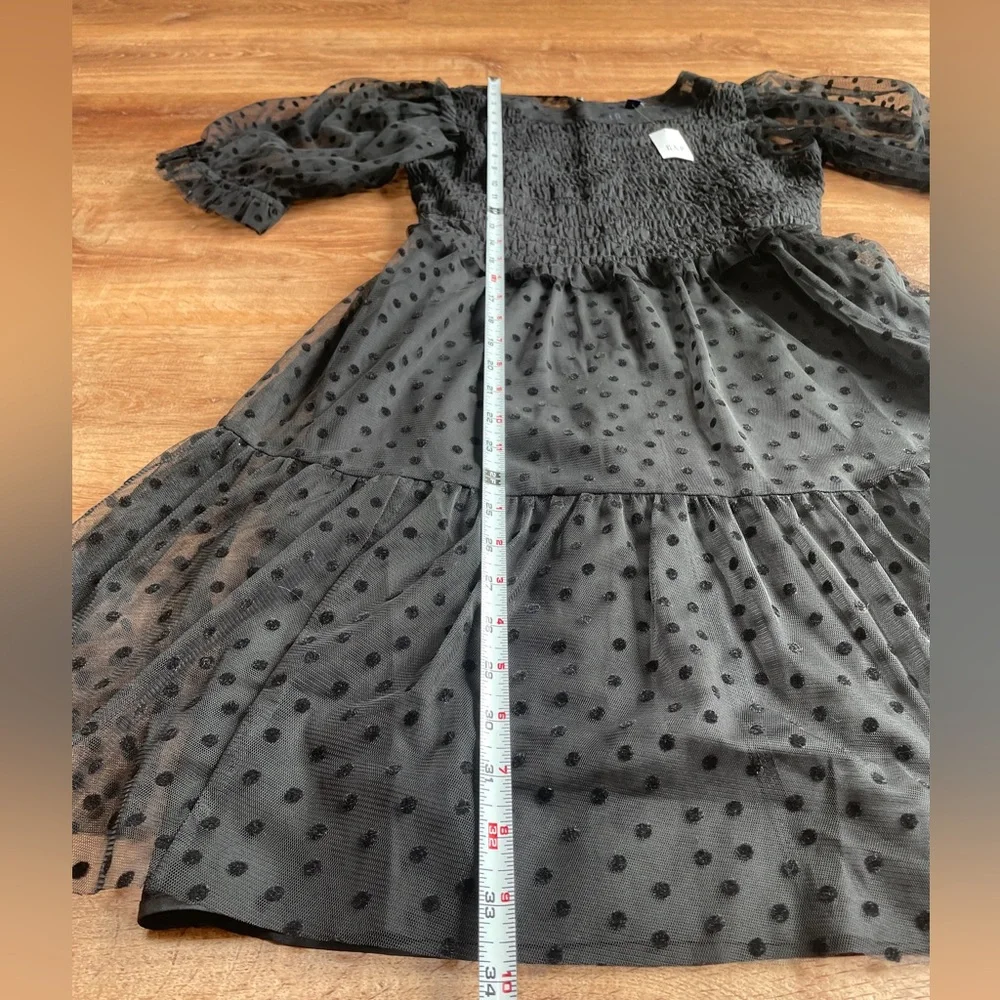 Gap Puff Sleeve Smocked‎ Mini Dress Size XS Black Mesh Swiss Dot Cocktail